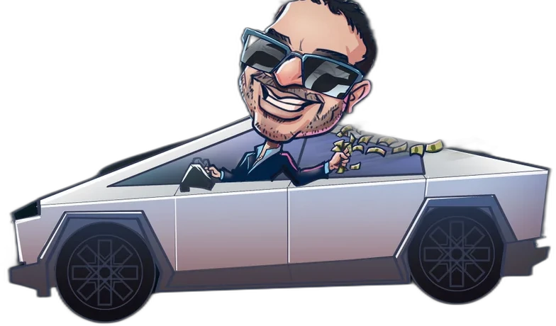 Cartoon of Talal Perez Ghosheh driving a Cybertruck